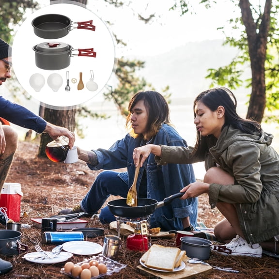 PBPBOX 1Set Aluminum Camping Cookware Set with Foldable Handles for Outdoor Hiking Picnic Cooking