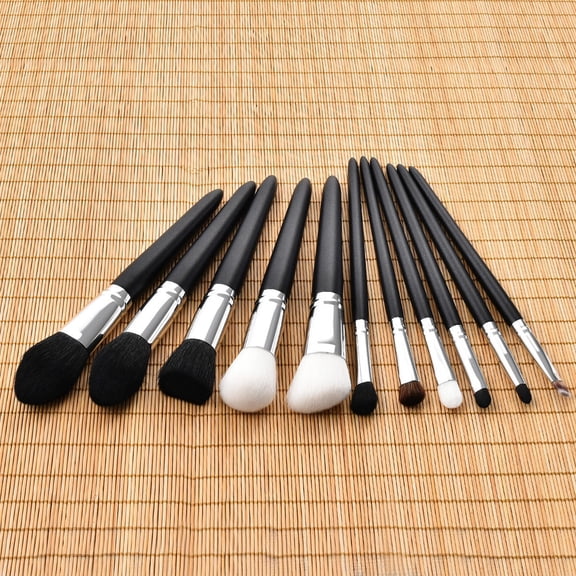 PBPBOX 11Pc Cosmetics Brush Set with Black Wooden Handles for Powders Creams and Liquids