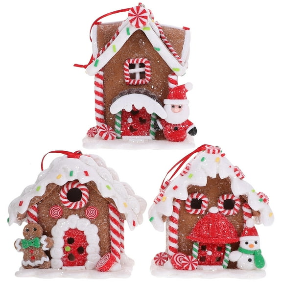 PBPBOX 3Pcs Resin House Decorations Glowing Cabins Xmas Hanging Pendant for Decoration