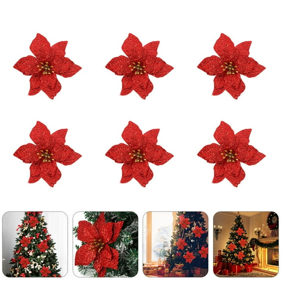 PBPBOX 6Pcs Unique Red Christmas Flower Decor for Tree Wreath Gar and Wedding Photography