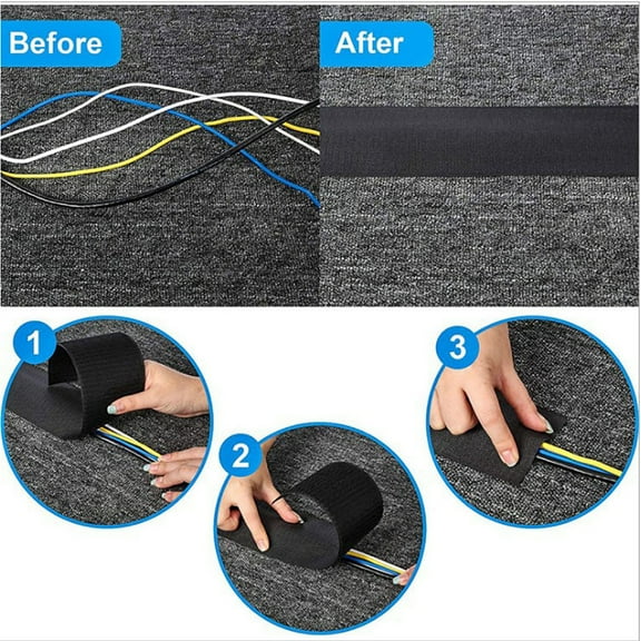 PBPBOX Electric Cord Covers for Floor Black Polyester Cord Organizer Ideal for Home Rugs and Cable Protection