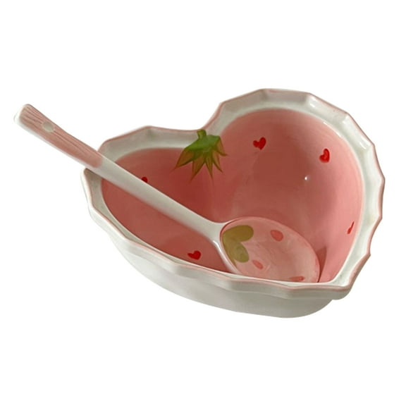 PBPBOX Ceramic Heart Shaped Bowl and Spoon Set Adorable Strawberry Design Tableware Kit Kawaii Kitchenware for Cereal Salad and Dessert