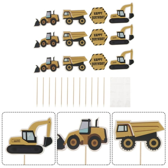 PBPBOX Creative Construction Truck Excavator Cake Toppers Paper Picks for Kids Birthday Party Decor 36 Pcs Assorted Color