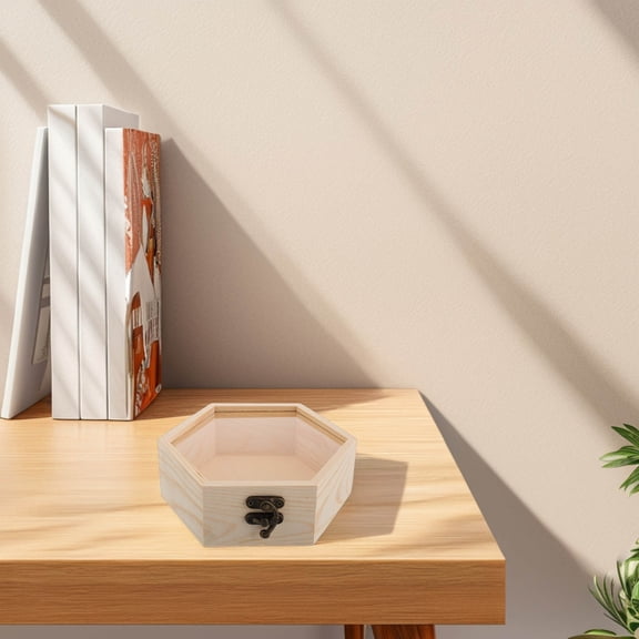 PBPBOX Hexagon Wooden Keepsake Box with Glass Lid Pine Wood Light Yellow Multifunctional Storage