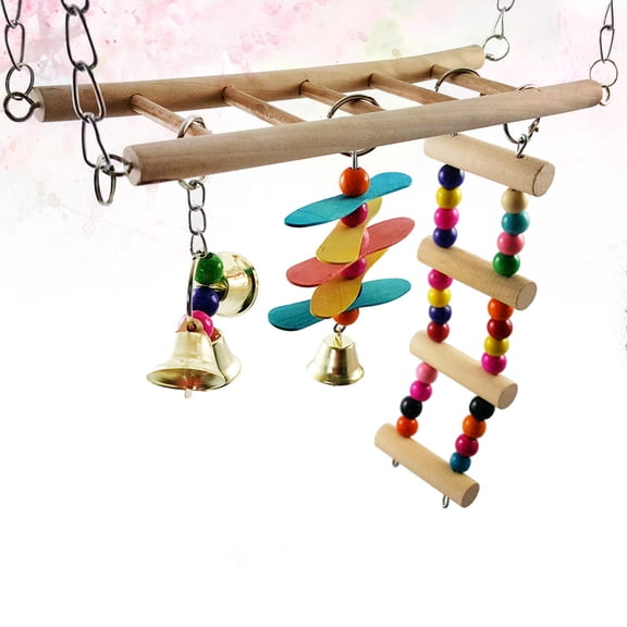 PBPBOX 1Pc Assorted Color Wooden Swing Stand for Birds with Bell and Decorative Leaf Beads