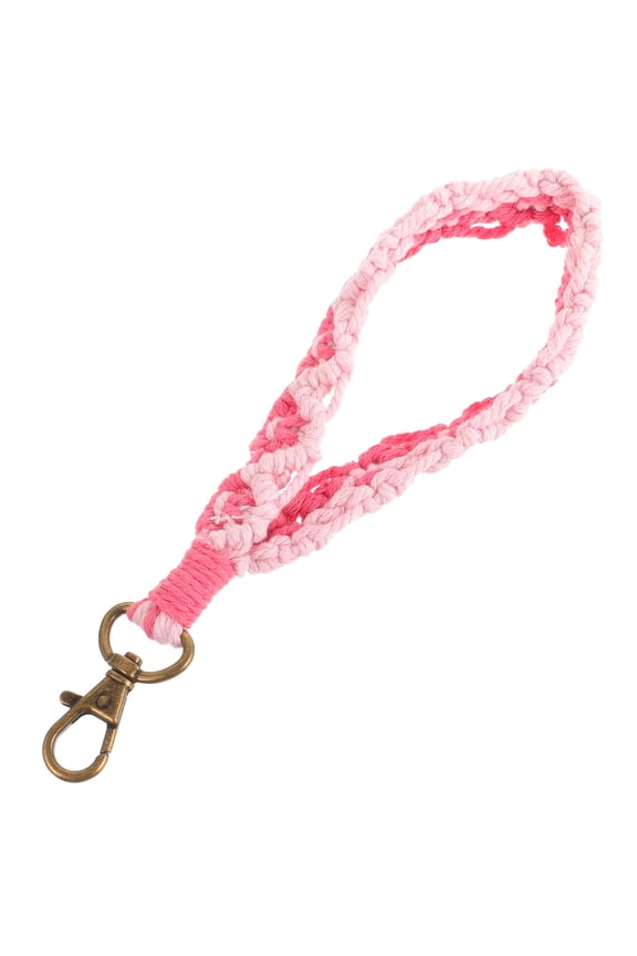 Pink Macrame Keychain Wristlet with Cotton Thread and Antique Copper Clasp for Keys and Wallet