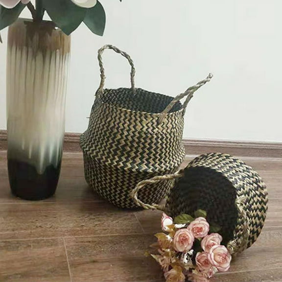 PBPBOX Natural Seagrass Storage Basket Olive Green Woven for Living Room 1Set