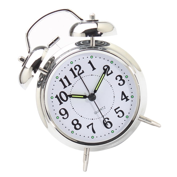 PBPBOX Round Silent Alarm Clock Silver Metal Tabletop Clock for Reminder and Use