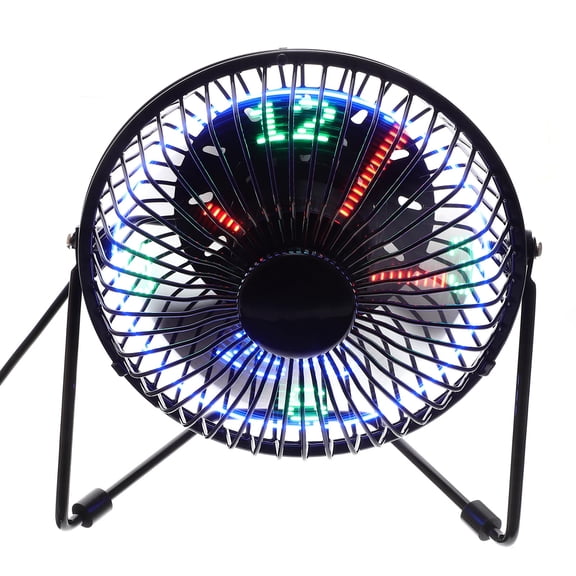 PBPBOX USB LED Fan with Clock Temperature Display Metal Frame 360 Degree Rotation for Personal Cooling
