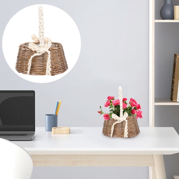 PBPBOX Coffee Woven Flower Basket Handheld Portable Storage Basket for Home Decorative Use