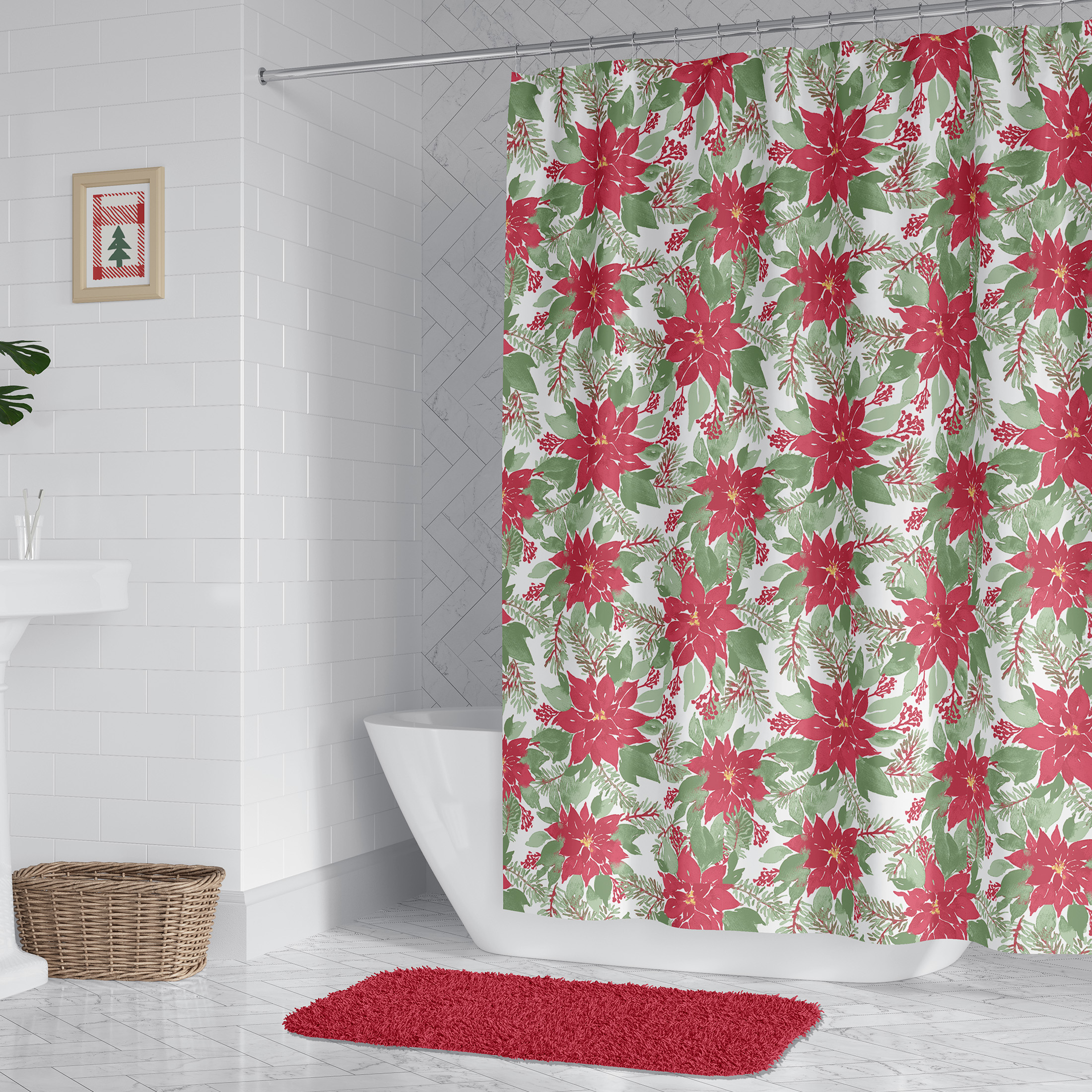 PBS Homegoods Poinsettia Print 14 Piece Shower Curtain Bath Set