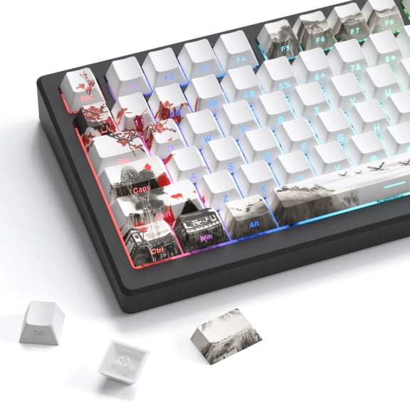 PBT Keycaps Set 130 Keys, Landscape and Plum Blossoms Theme Dye Sublimation Custom Keyboard Keycaps Side Print Shine Through Key caps for Cherry Gateron MX Swithes Mechanical Keyboards