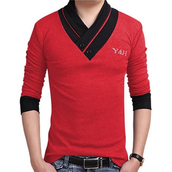 PBY-01L1PEZX-US Yong Horse Men Slim Fit Button V-Neck Casual Long Sleeve T Shirts Fall Tops, Red Plus Black - 2XL