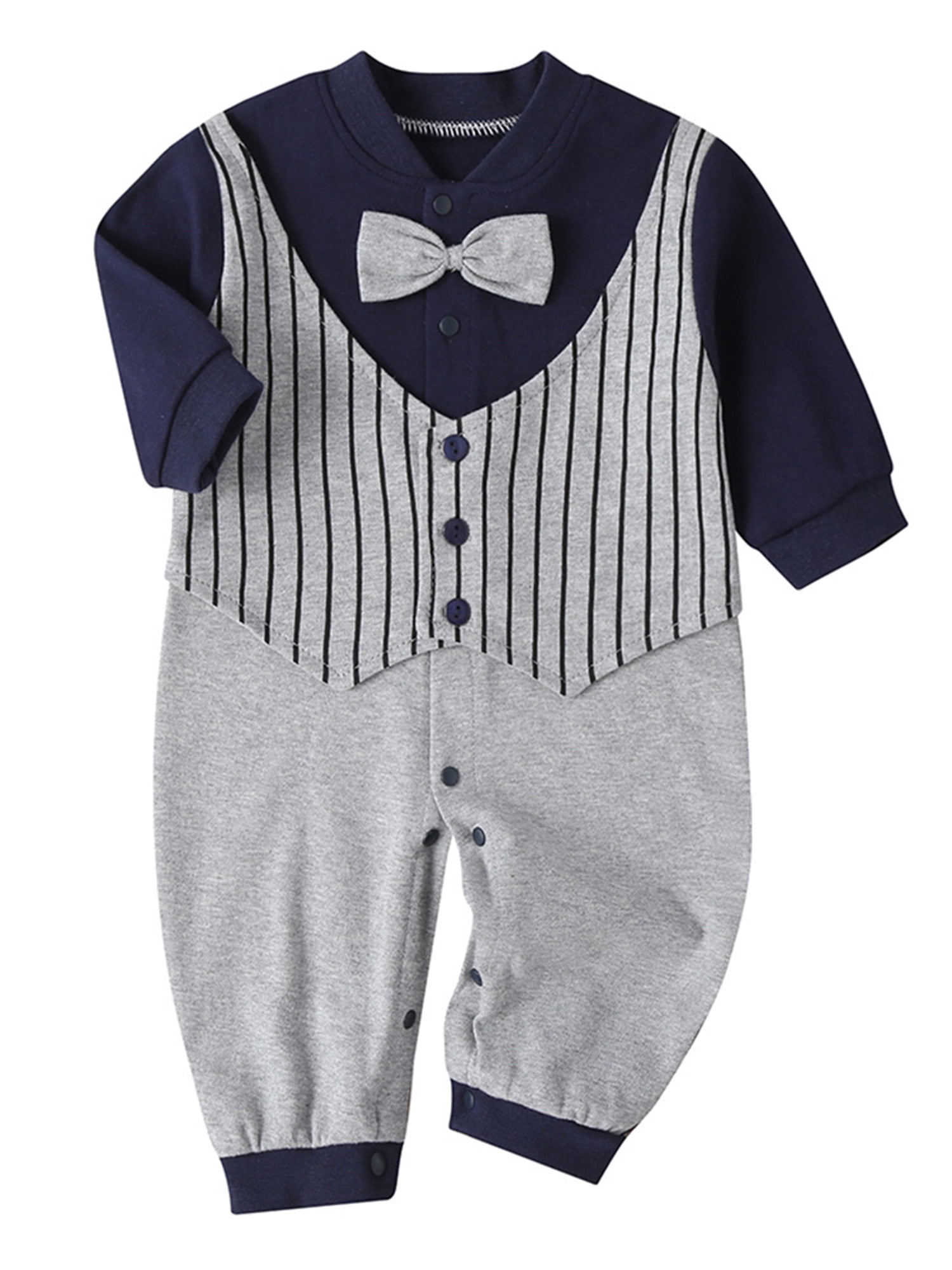 PBaeM Newborn Baby Boys Striped Geometric Long Sleeve BowTie Romper