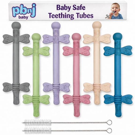 PBnJ Baby, Silicone Teether Tubes, Baby Toys 0-6 Months, Tubes for Infants use as Teething Pacifier, Teething Toys 3-6 Months, Teethers for Babies 6-12 Mon, 6 Mo Old Must Haves - 6 Pack