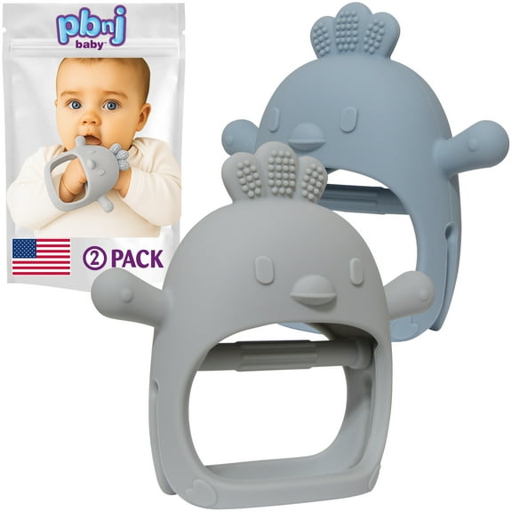 PBnJ baby 2 Packs Silicone Teething Mitten(Gray & Blue)