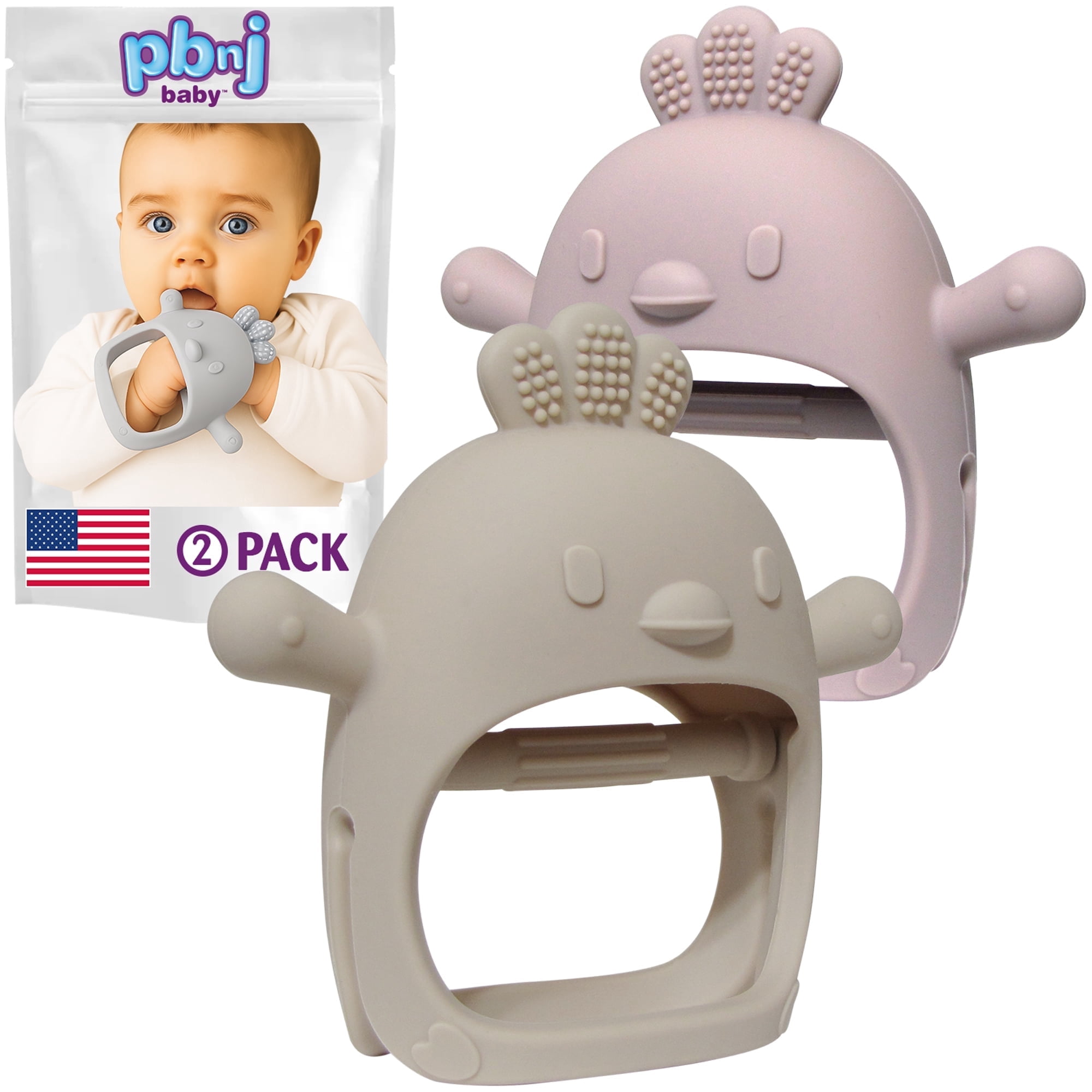PBnJ baby 2 Packs Silicone Teething Mitten, (Gray & Green