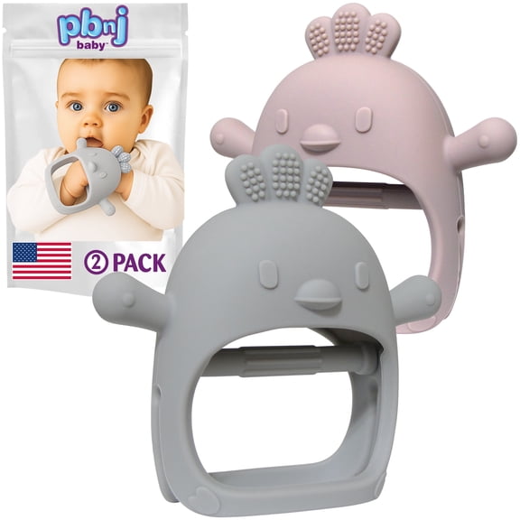 PBnJ Baby Silicone Teething Mitten for Infants and Toddlers, Gray and Pink, 2 Pack