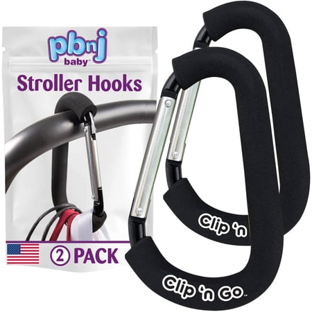 PBnJ baby Clip'n Go Stroller Hooks for Hanging Diaper Bags - Mommy Clip and Stroller Accessories Organizer Hook - Large Carabiner Clip for Mom Purse Shopping Grocery Bag and Accessory - (2 Pack)