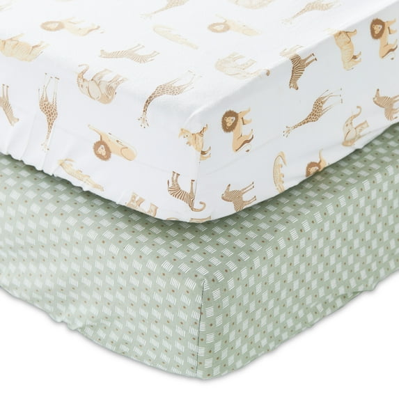 Parent's Choice 2-Piece Cotton Fitted Crib Sheets for Baby Boys and Girls, Safari