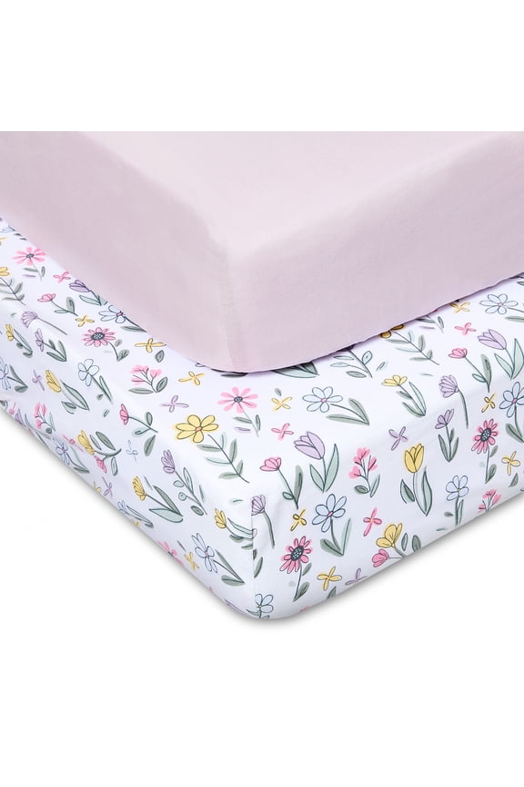 Cotton Fitted Crib Sheets for Baby Girls, Floral, 2 Pack