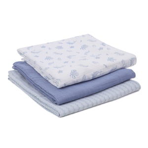 Paquete de 3 cobijas de muselina extra grandes para envolver de Parent's Choice, océano, azul, niño, algodón
