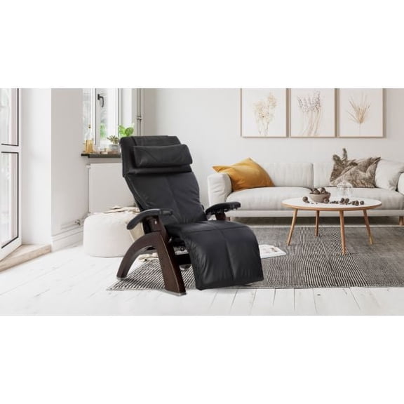 PC-610 Comfort Package Omni-Motion Perfect Chair Zero Gravity Recliner Dark Walnut Wood Black Vinyl