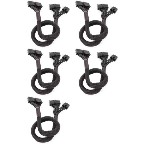 PC Build 5-Pack 60cm Black 10+18-Pin to 24-Pin Modular Power Cables, Tinned Copper