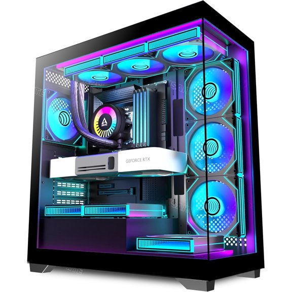 PC CASE 7 PWM ARGB Fans Pre-Installed, Mid-Tower Gaming Case, Panoramic Tempered Glass Computer Case with Type-C,360mm Radiator Support,Black,C9
