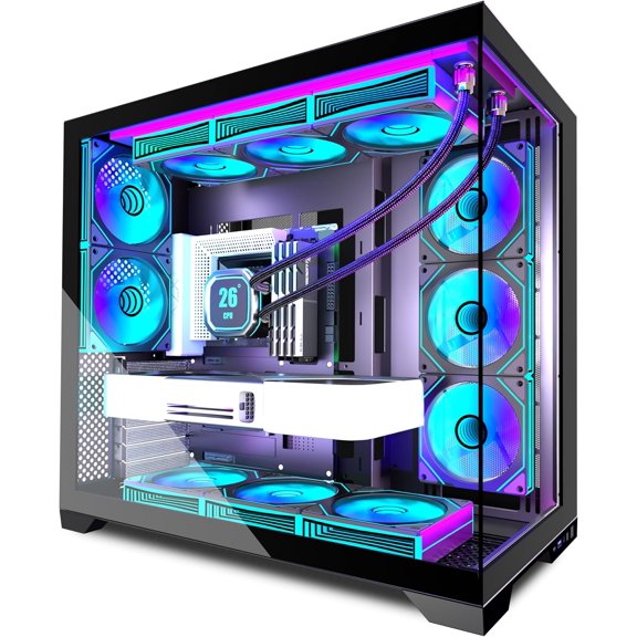 PC CASE 9 PWM ARGB Fans Pre-Installed, Mid-Tower Gaming Case, Panoramic Tempered Glass Computer Case with Type-C,420mm&360mm Radiator SupportBlack,K9