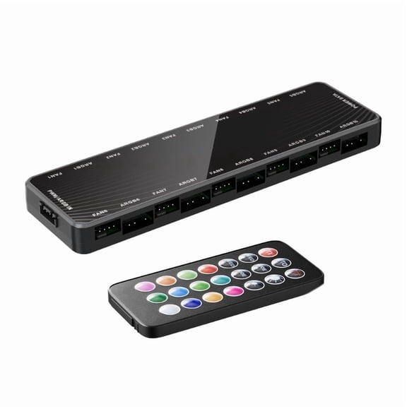 PC Case Fan Hub Controller With Remote, 10 Ports ARGB & PWM Sync, SATA Power Interface for Desktop
