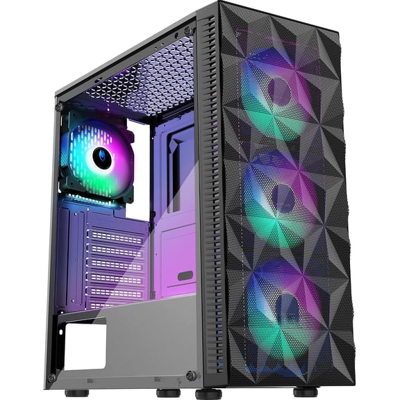 PC Case Pre-Install 4 RGB Fans, ATX Gaming Case with -Shaped Mesh Front & Tempered Glass Side Panel, USB 3.0 Airflow Mid Tower case,621