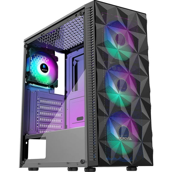PC Case Pre-Install 4 RGB Fans, ATX Gaming Computer with Diamond-Shaped Mesh Front & Tempered Glass Side Panel, USB 3.0 Airflow Mid Tower case,621
