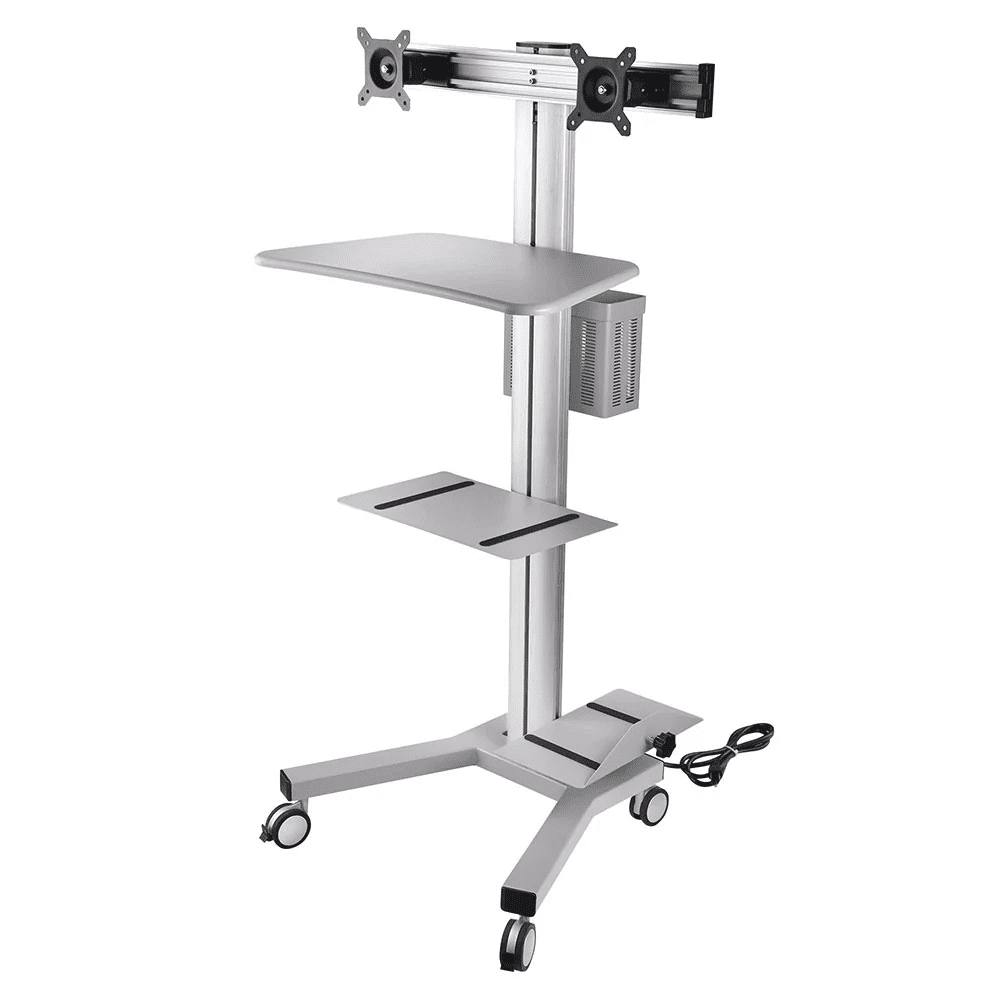 PC Computer Cart Workstation with Power Strip 2-Monitor, Gray