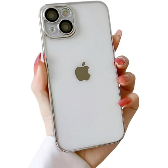 PC Electroplating All-Inclusive Hard case, Clear Phone case, Transparent Back, Comes with Lens Film, Simple Design, for iPhone 15 14 13 12 Pro Max Plus case (Silver,iPhone 15 Pro Max)