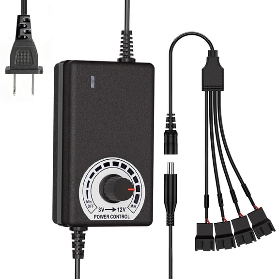 PC Fan Hub with 4 Way Fan Splitter, Computer Cooling Fan Controller for 3 Pin 4 Pin Case Fans, Adjustable 3-12V DC Power Adapter and DC to 4 Pin Fan Cable, PC Cooling Accessories for Desktop Computer