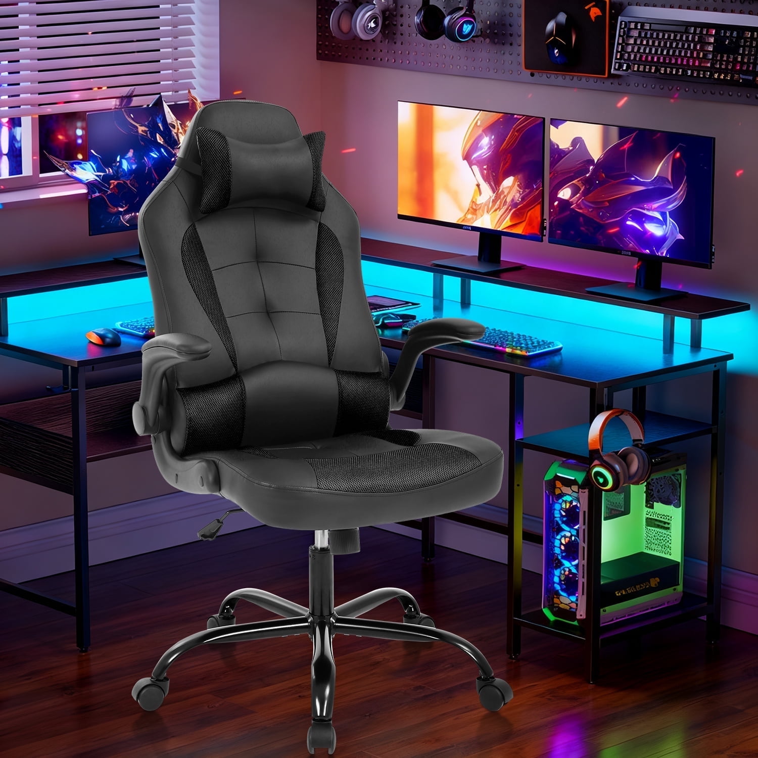 PC Gaming Chair Ergonomic & Adjustable Office Desk Chair Leather Reclining Computer Chair with Flip Up Arms Headrest for Adult Teen,Black