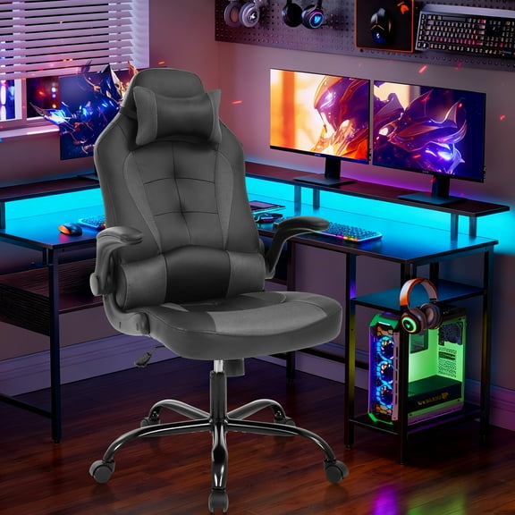 PC Gaming Chair Ergonomic & Adjustable Office Desk Chair Leather Reclining Computer Chair with Flip Up Arms Headrest for Adult Teen, Grey