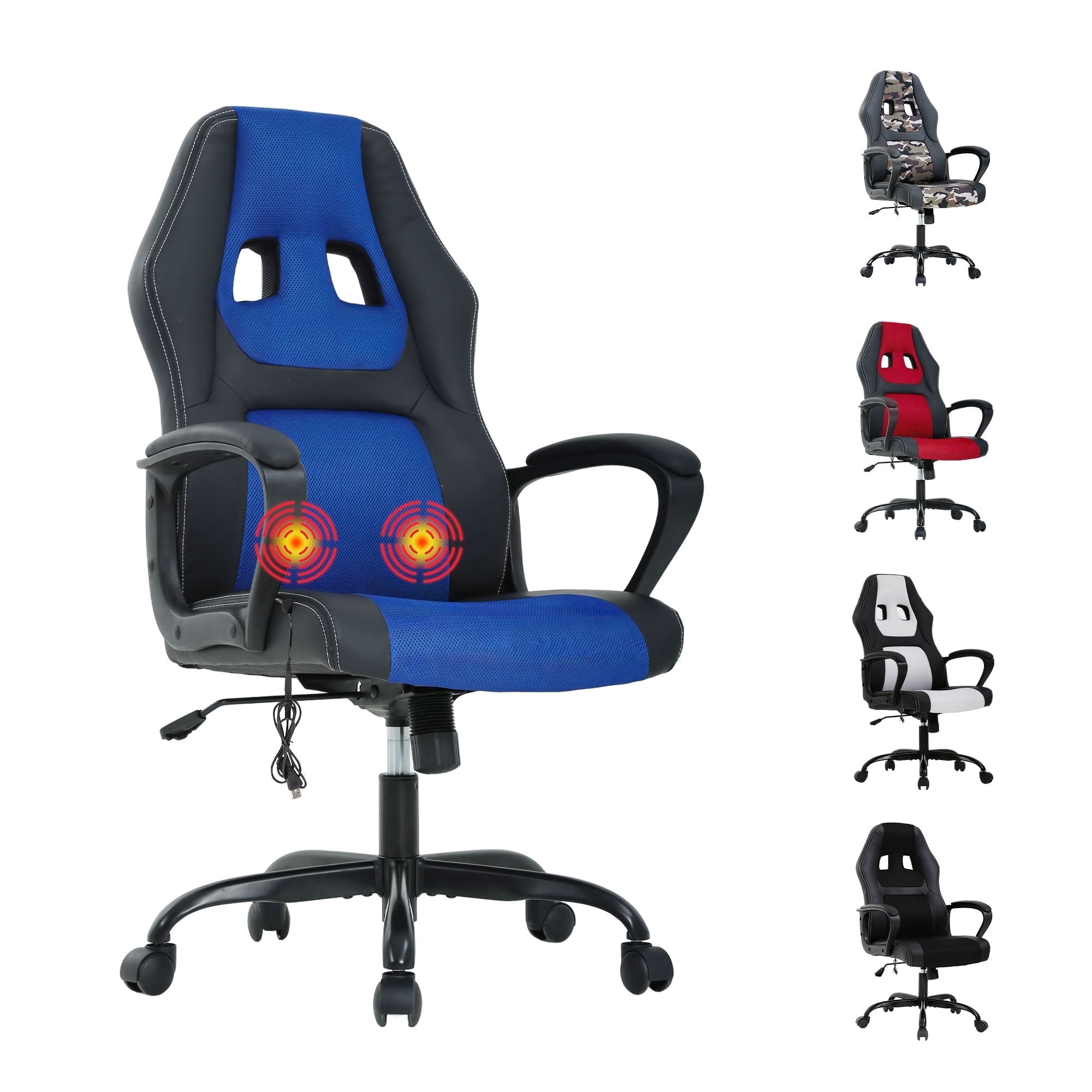 PC Gaming Chair with Massage, Ergonomic Computer Chair PU Leather Gamer Chair with Headrest and Lumbar Support, Height Adjustable Video Game Chair Gaming Chair for Adults Teen, Blue