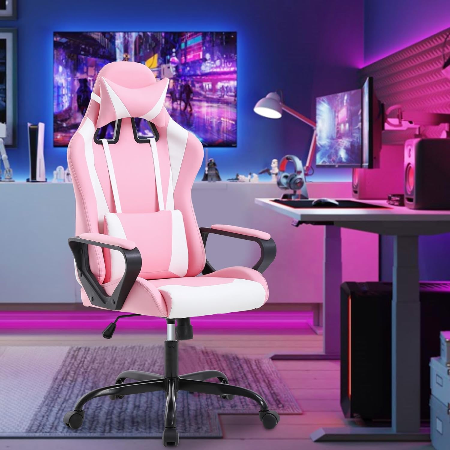 PC Gaming Chair Office Chair Ergonomic Computer Chair Mid Back Adjustable Desk Chair with Lumbar Support Armrest 360° Swivel Gaming Chair with Headrest for Home Office Work Study, Pink