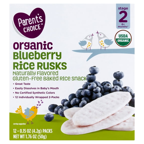 Parent's Choice Organic Blueberry Rice Rusks Baby Snacks, 0.15 oz Box, 12 Pack
