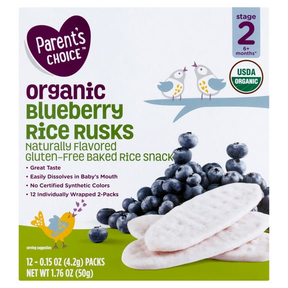 Parent's Choice Organic Blueberry Rice Rusks Baby Snacks, 0.15 oz Box, 12 Pack