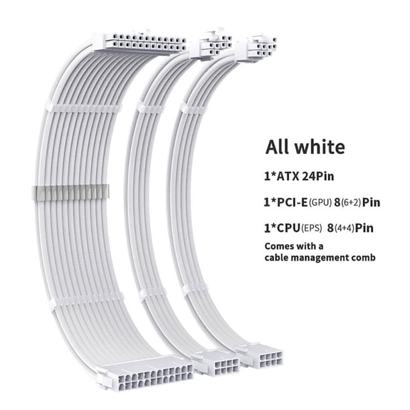 PC Power Supply Sleeved Cable Extension Kit White, ATX 24Pin PCI-E GPU CPU EPS Extension Cables with Cable Combs for Gaming Desktop