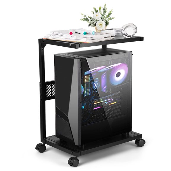 PC Stand Computer Tower Stand 2-Tier Metal CPU Holder with Locking Caster Wheels Suitable for Most PC