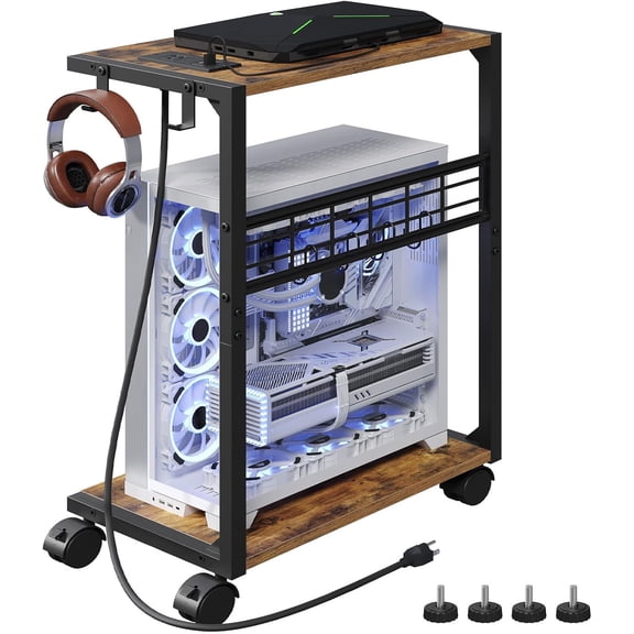 PC Stand Computer Tower Stand with Charging Station 16.9"W x 11.4"D 27.6"H Cart Wheels and Hooks CPU Holder for Carpet Floor Under Desk Easy Assembly Rustic Brown