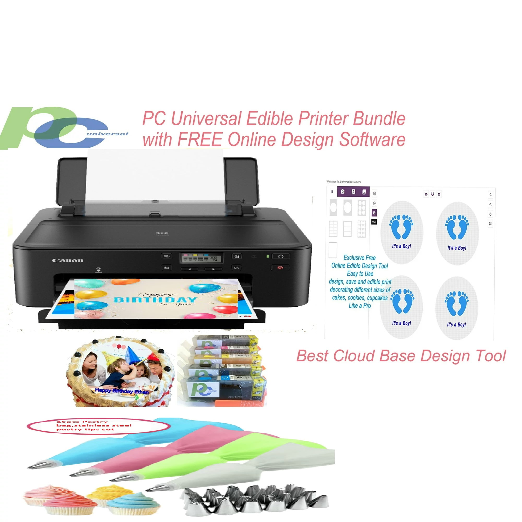 PC Universal Edible Printer Bundle- New wireless Printer with Edible Paper.  Ink & 16 pcs Pastry bag, stainless steel pastry tips set