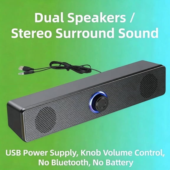 PC Wired Soundbar Speaker, USB Wired Computer Soundbar, Stereo Surround Sound Bar Speaker with Knob Volume Control, No Wireless And Battery, for PC Desktop Laptop Monitor