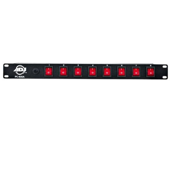 American DJ 8 channel AC power strip with 15 amp breaker and 8 on/off toggle switches. 19 inch rack mountable