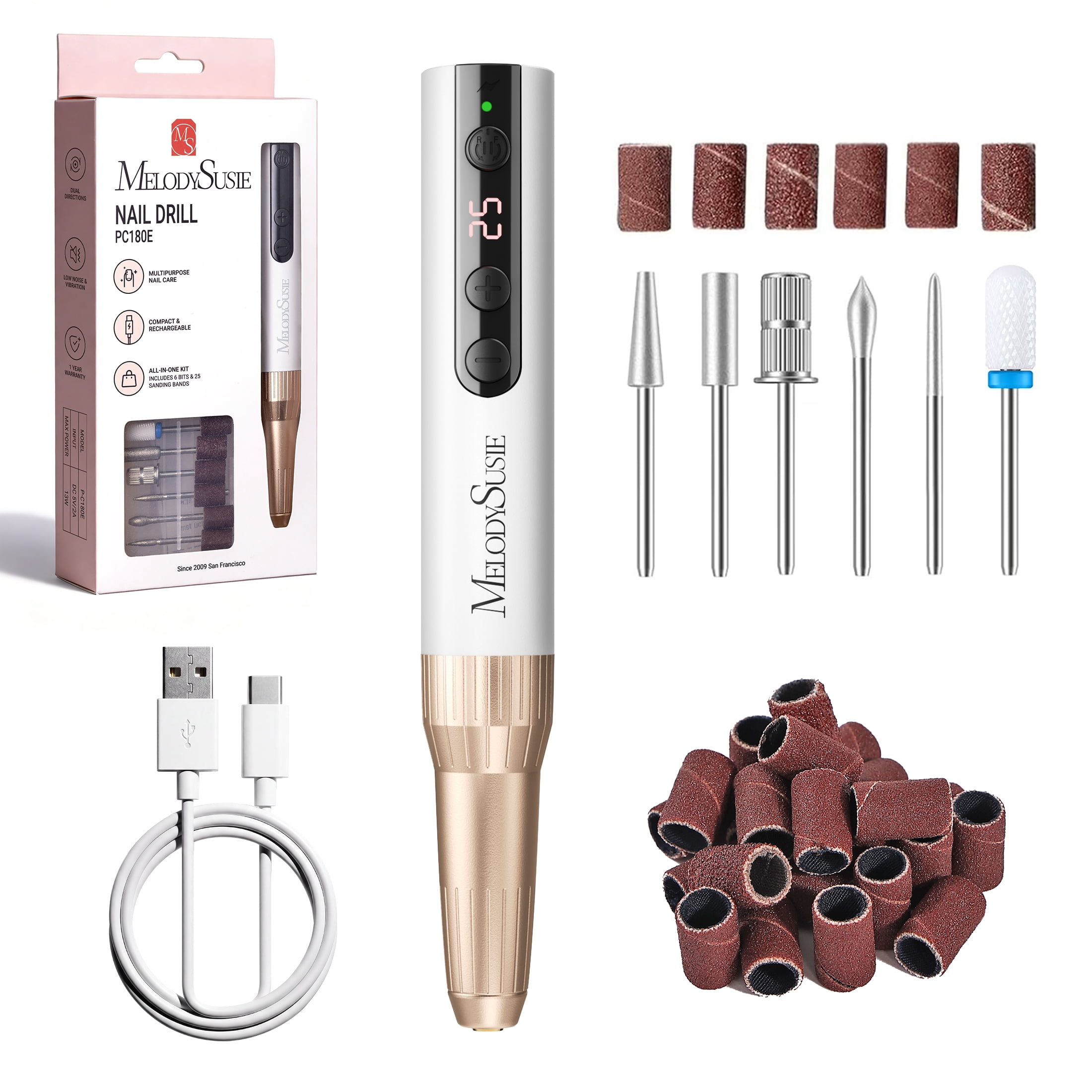 MelodySusie Cordless Nail Drill with 6 Attachments, Electric Nail