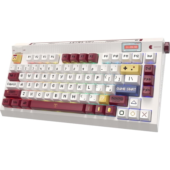 PC423 Creamy Keyboard with Screen & Knob, 75% 2.4G//USB-C Gasket RGB Mechanical Keyboard, Hot Swappable, Five-Layer Padding & Pre-lubed Linear , Retro Red and White